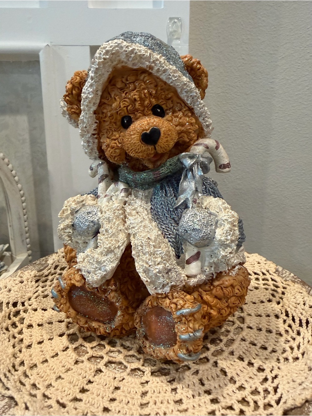Winter Bear Figurine in Brown and Cream with Silver Accents 8 in”